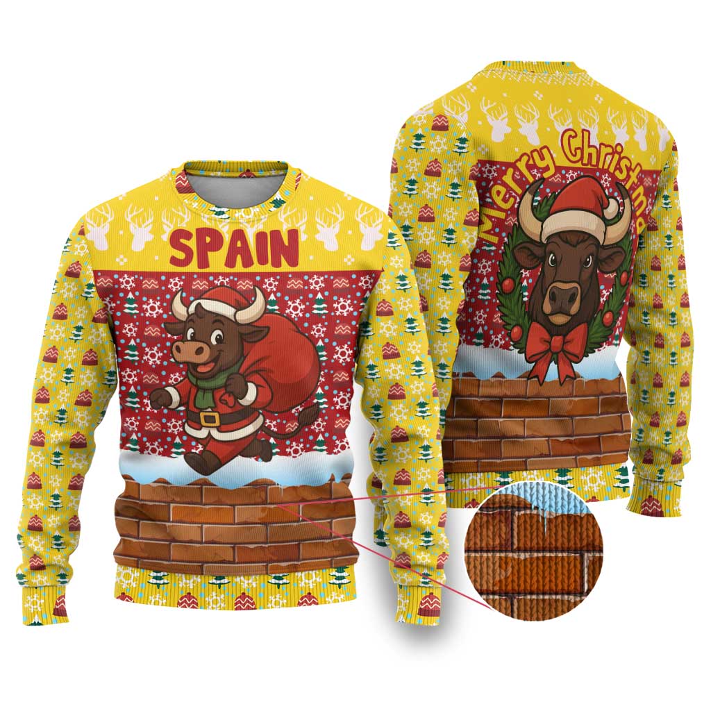 Spain Christmas Ugly Christmas Sweater with Santa Bull Brick Chimney Wreath and Festive Holiday - Wonder Print Shop