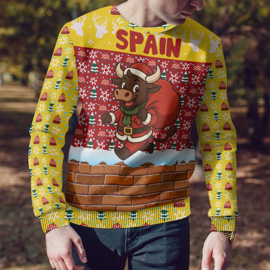 Spain Christmas Ugly Christmas Sweater with Santa Bull Brick Chimney Wreath and Festive Holiday - Wonder Print Shop