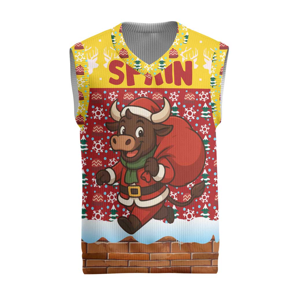 Spain Christmas Knitted V-Neck Vest with Santa Bull Brick Chimney Wreath and Festive Holiday - Wonder Print Shop