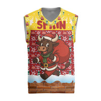 Spain Christmas Knitted V-Neck Vest with Santa Bull Brick Chimney Wreath and Festive Holiday - Wonder Print Shop