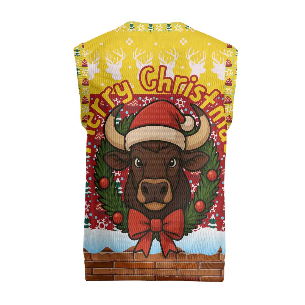 Spain Christmas Knitted V-Neck Vest with Santa Bull Brick Chimney Wreath and Festive Holiday - Wonder Print Shop