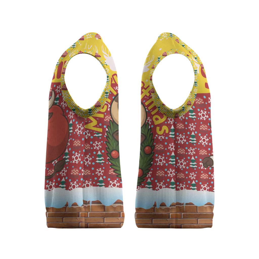 Spain Christmas Knitted V-Neck Vest with Santa Bull Brick Chimney Wreath and Festive Holiday - Wonder Print Shop