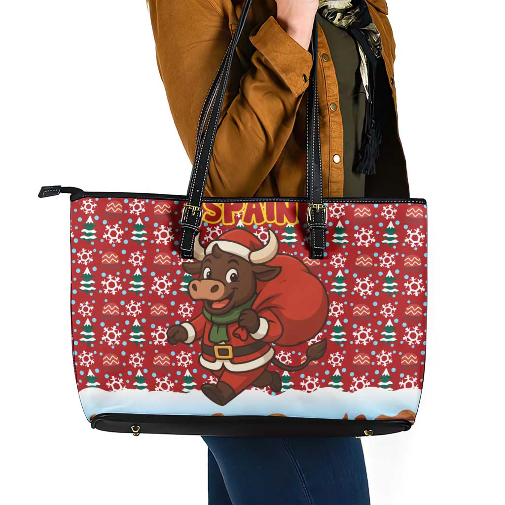 Spain Christmas Leather Tote Bag with Santa Bull Brick Chimney Wreath and Festive Holiday - Wonder Print Shop
