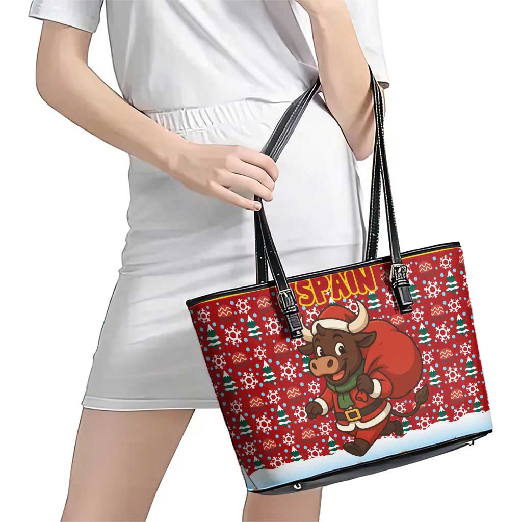 Spain Christmas Leather Tote Bag with Santa Bull Brick Chimney Wreath and Festive Holiday - Wonder Print Shop