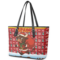Spain Christmas Leather Tote Bag with Santa Bull Brick Chimney Wreath and Festive Holiday - Wonder Print Shop