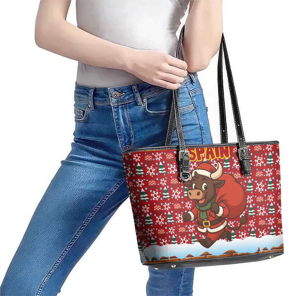 Spain Christmas Leather Tote Bag with Santa Bull Brick Chimney Wreath and Festive Holiday - Wonder Print Shop