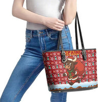 Spain Christmas Leather Tote Bag with Santa Bull Brick Chimney Wreath and Festive Holiday - Wonder Print Shop