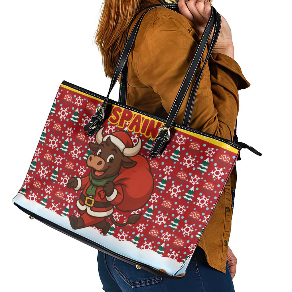 Spain Christmas Leather Tote Bag with Santa Bull Brick Chimney Wreath and Festive Holiday - Wonder Print Shop