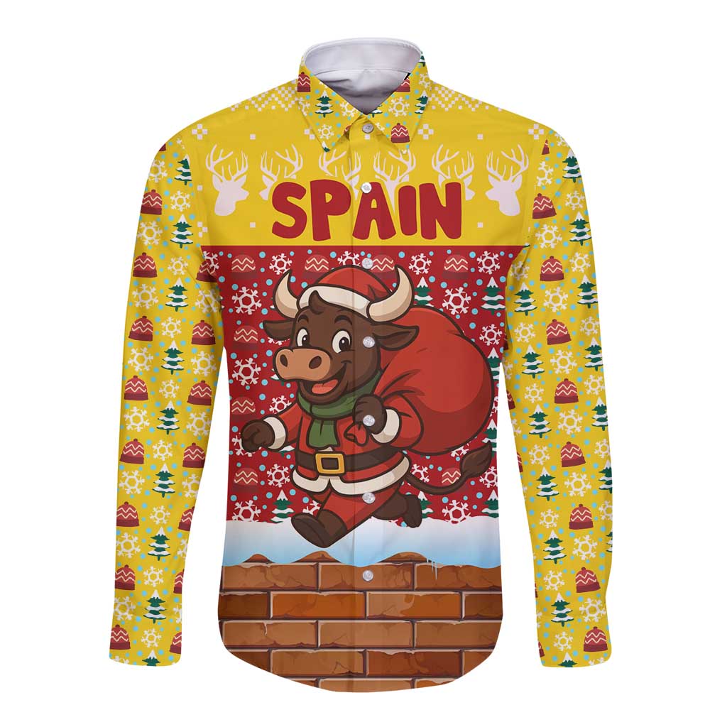 Spain Christmas Long Sleeve Button Shirt with Santa Bull Brick Chimney Wreath and Festive Holiday - Wonder Print Shop