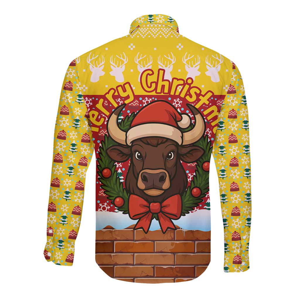 Spain Christmas Long Sleeve Button Shirt with Santa Bull Brick Chimney Wreath and Festive Holiday - Wonder Print Shop