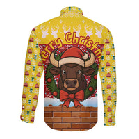 Spain Christmas Long Sleeve Button Shirt with Santa Bull Brick Chimney Wreath and Festive Holiday - Wonder Print Shop