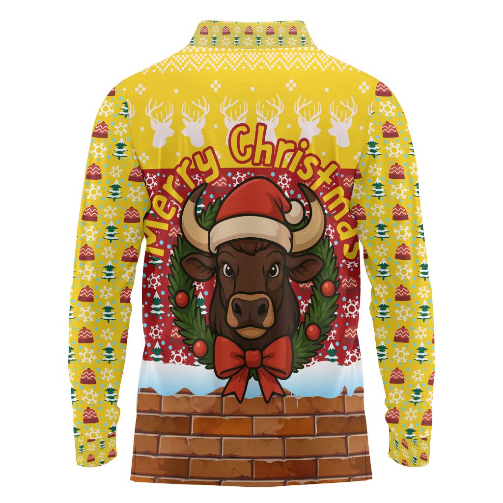 Spain Christmas Long Sleeve Polo Shirt with Santa Bull Brick Chimney Wreath and Festive Holiday - Wonder Print Shop