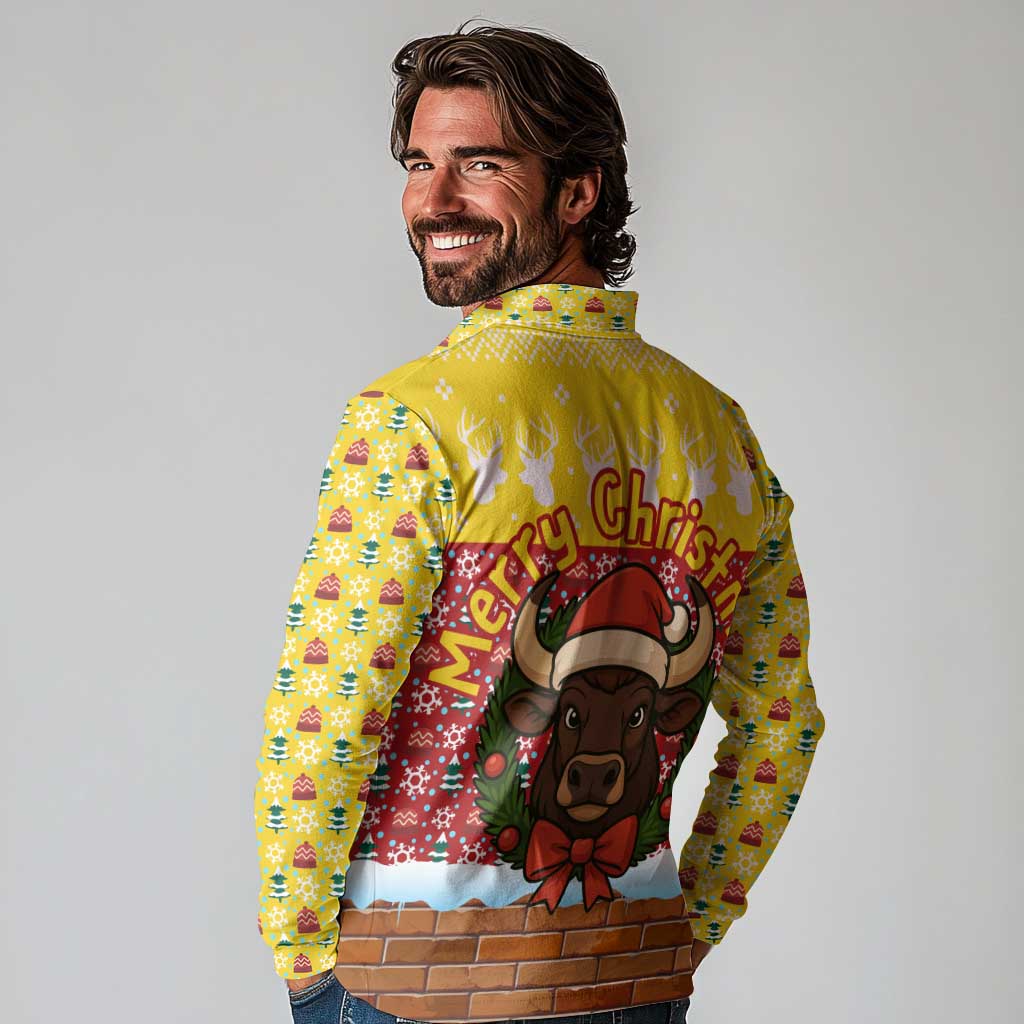 Spain Christmas Long Sleeve Polo Shirt with Santa Bull Brick Chimney Wreath and Festive Holiday - Wonder Print Shop
