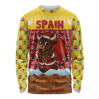 Spain Christmas Long Sleeve Shirt with Santa Bull Brick Chimney Wreath and Festive Holiday - Wonder Print Shop