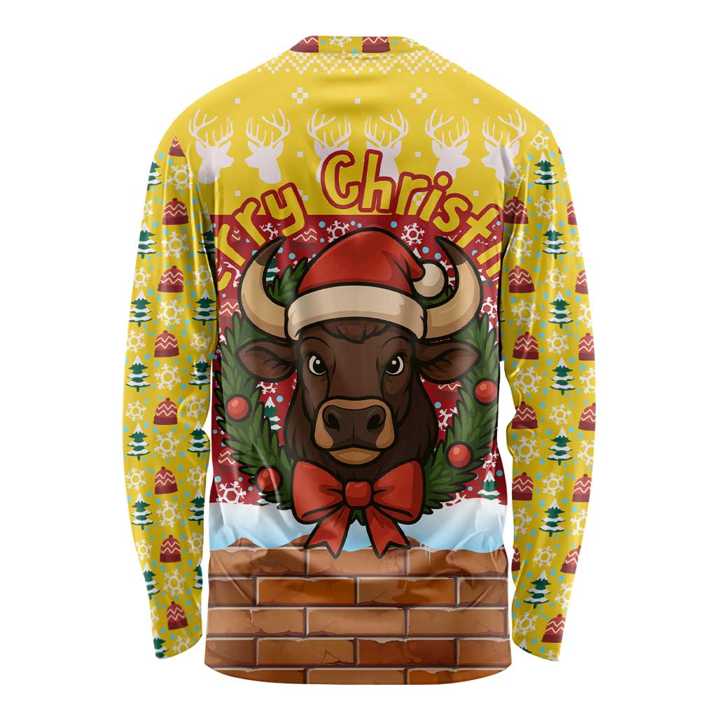 Spain Christmas Long Sleeve Shirt with Santa Bull Brick Chimney Wreath and Festive Holiday - Wonder Print Shop
