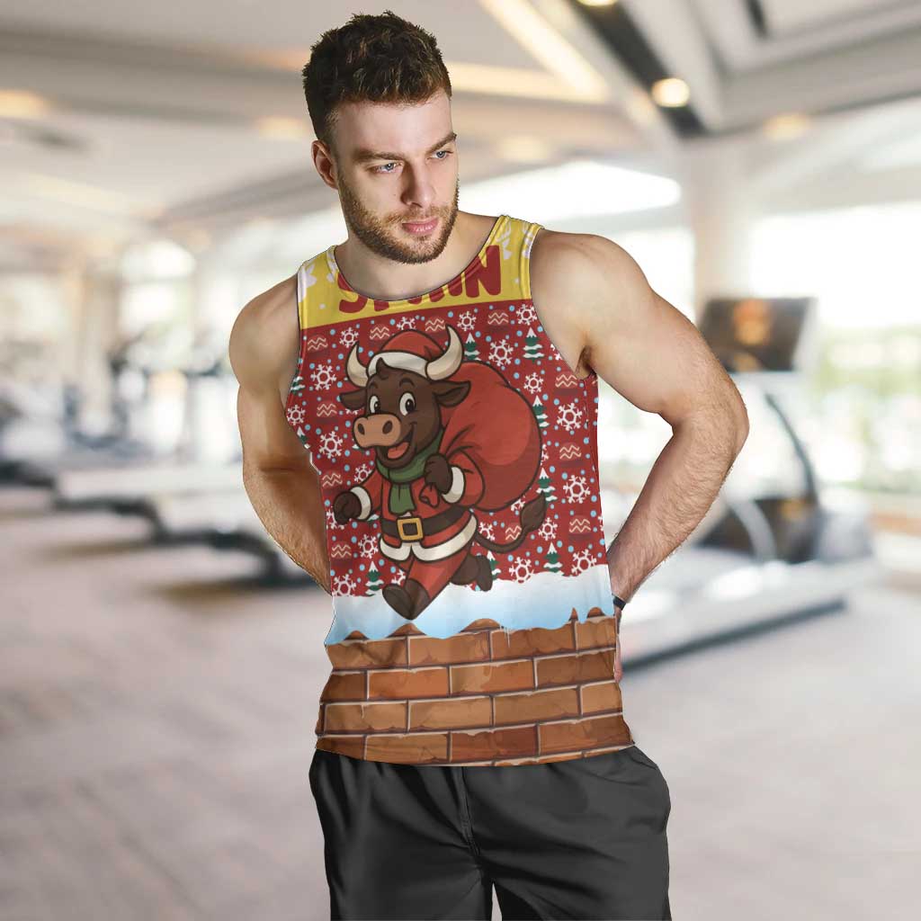 Spain Christmas Men Tank Top with Santa Bull Brick Chimney Wreath and Festive Holiday - Wonder Print Shop