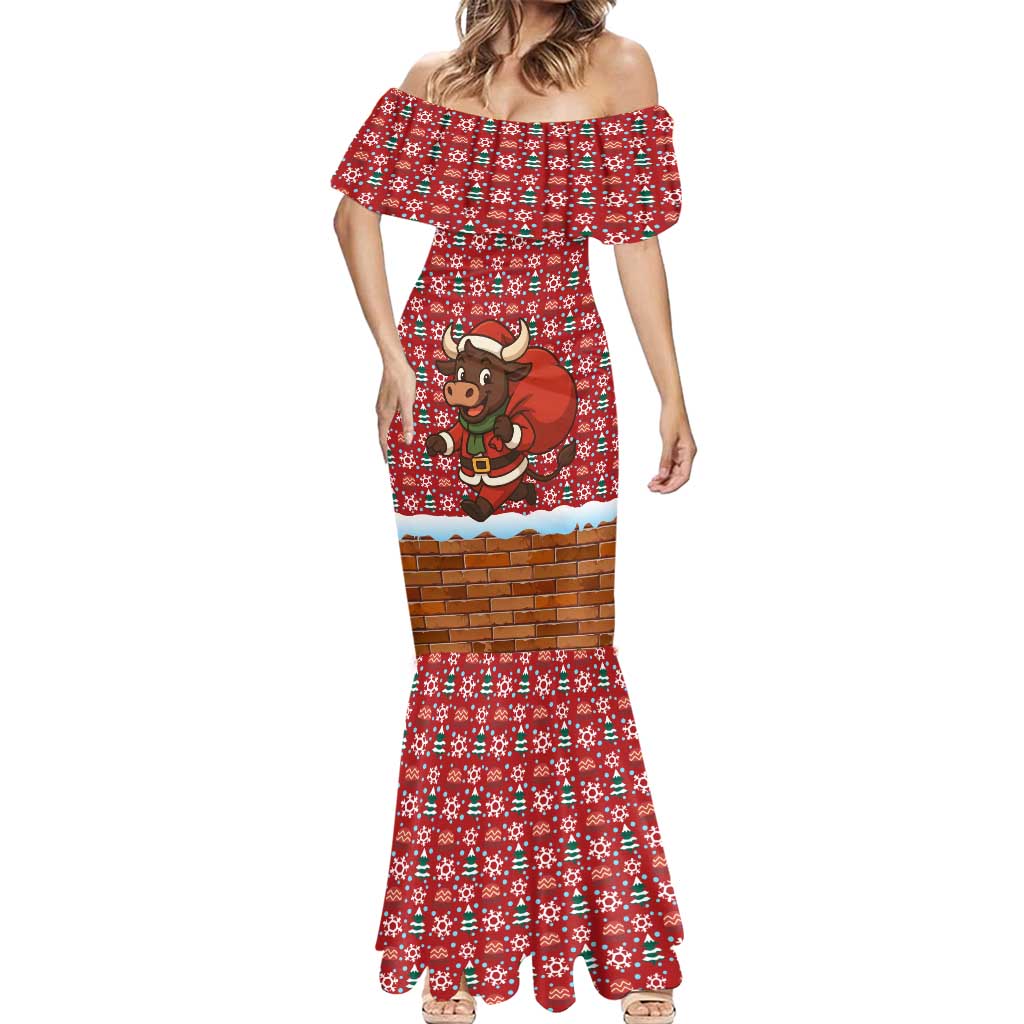 Spain Christmas Mermaid Dress with Santa Bull Brick Chimney Wreath and Festive Holiday - Wonder Print Shop