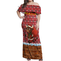 Spain Christmas Off Shoulder Maxi Dress with Santa Bull Brick Chimney Wreath and Festive Holiday - Wonder Print Shop