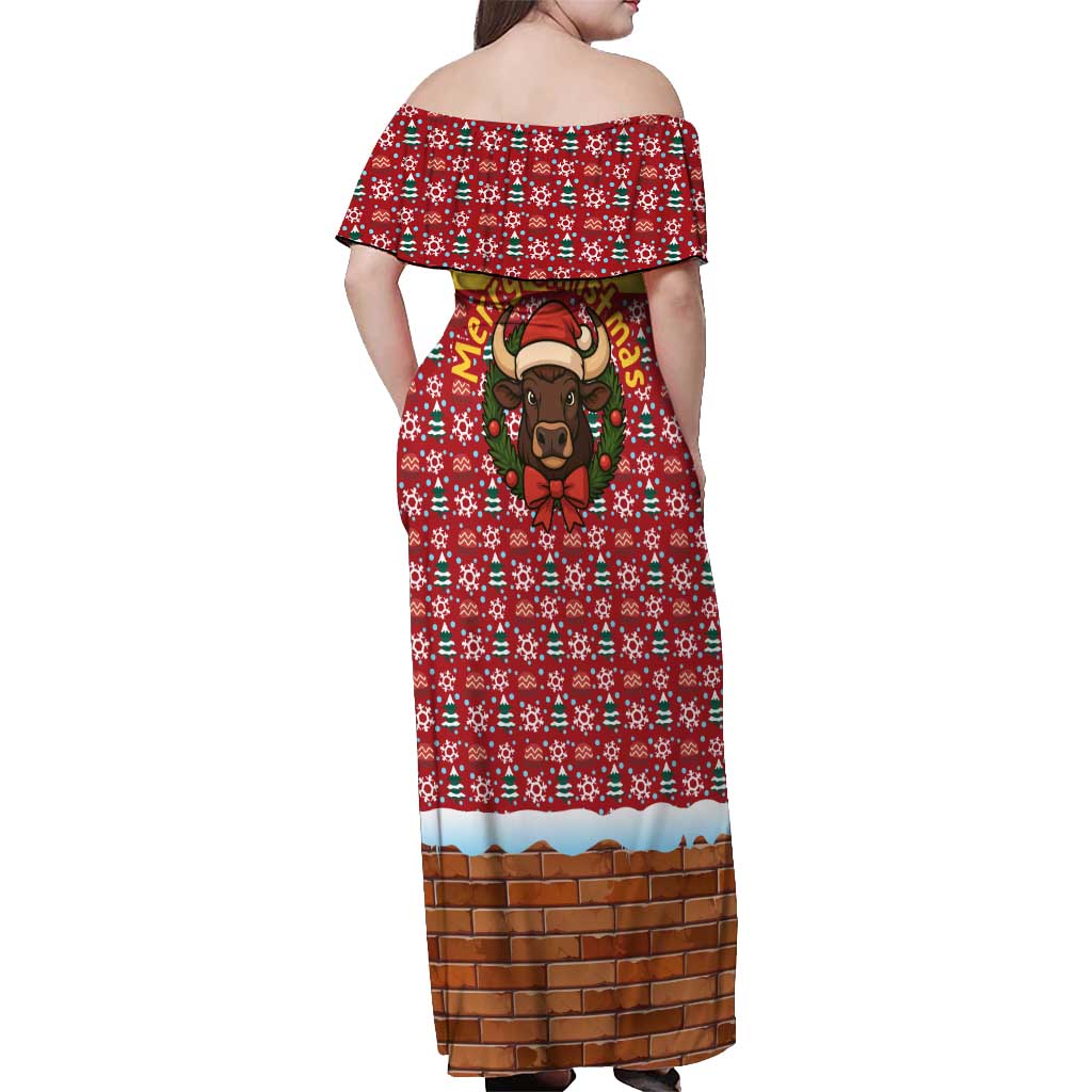 Spain Christmas Off Shoulder Maxi Dress with Santa Bull Brick Chimney Wreath and Festive Holiday - Wonder Print Shop