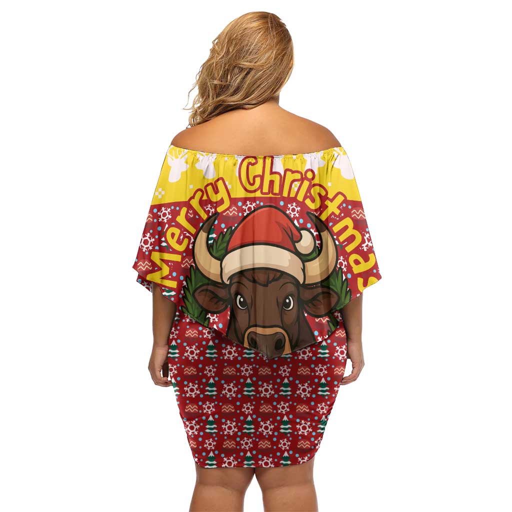 Spain Christmas Off Shoulder Short Dress with Santa Bull Brick Chimney Wreath and Festive Holiday - Wonder Print Shop