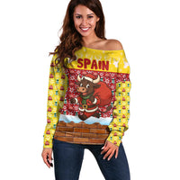 Spain Christmas Off Shoulder Sweater with Santa Bull Brick Chimney Wreath and Festive Holiday - Wonder Print Shop