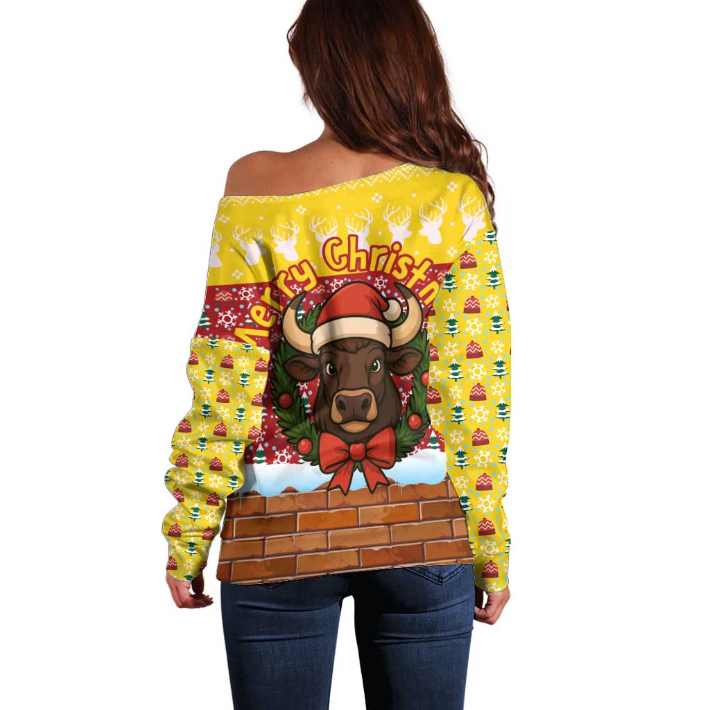 Spain Christmas Off Shoulder Sweater with Santa Bull Brick Chimney Wreath and Festive Holiday - Wonder Print Shop