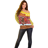 Spain Christmas Off Shoulder Sweater with Santa Bull Brick Chimney Wreath and Festive Holiday - Wonder Print Shop