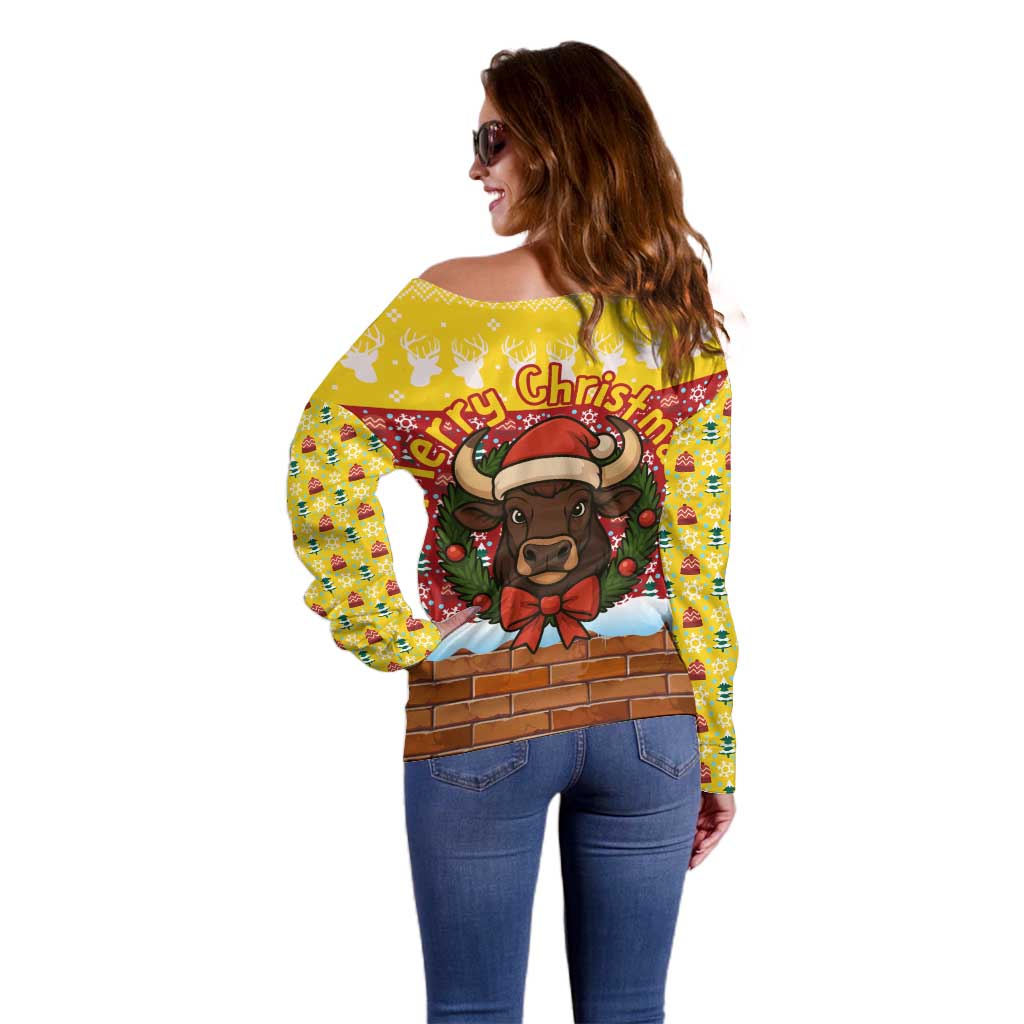 Spain Christmas Off Shoulder Sweater with Santa Bull Brick Chimney Wreath and Festive Holiday - Wonder Print Shop