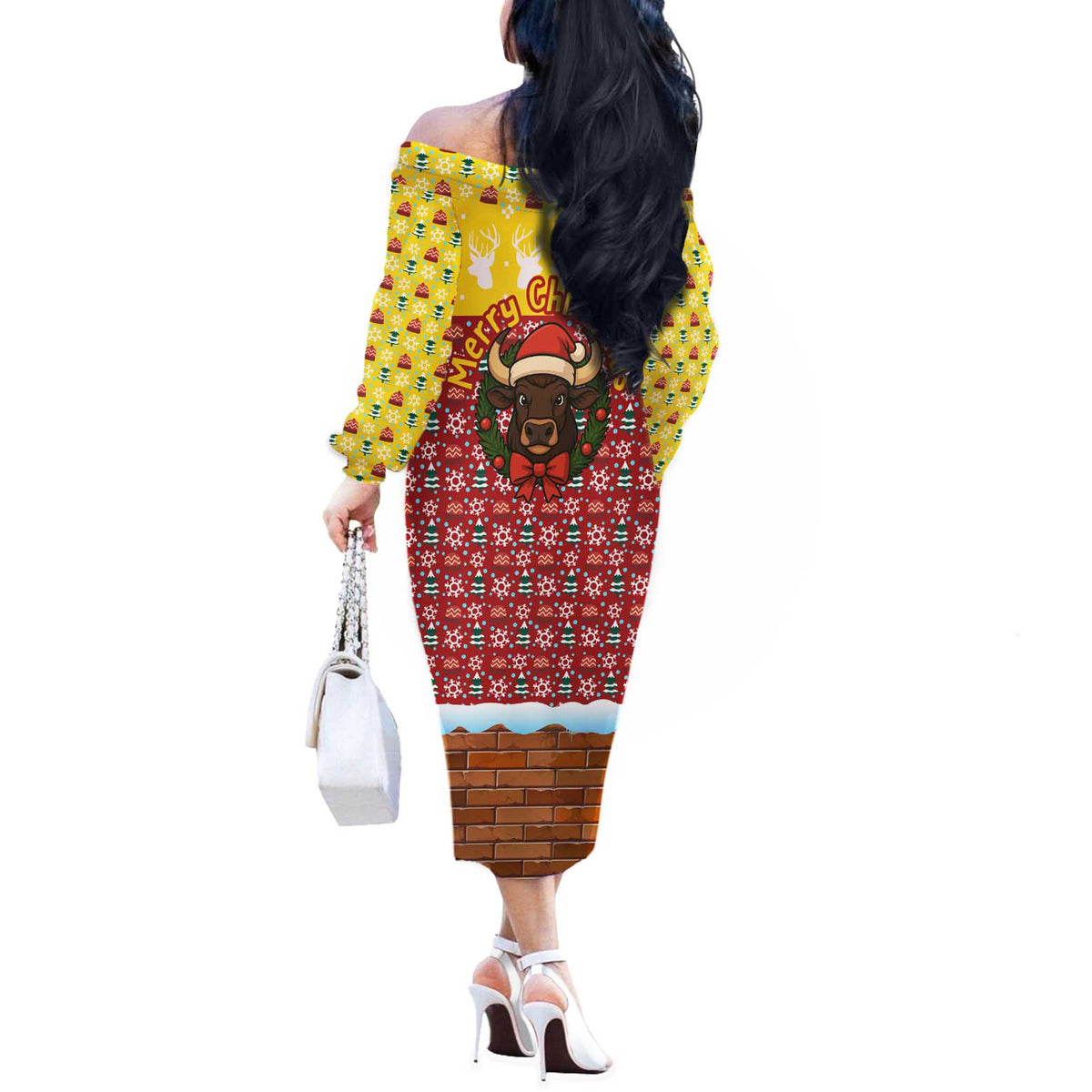 Spain Christmas Off The Shoulder Long Sleeve Dress with Santa Bull Brick Chimney Wreath and Festive Holiday - Wonder Print Shop