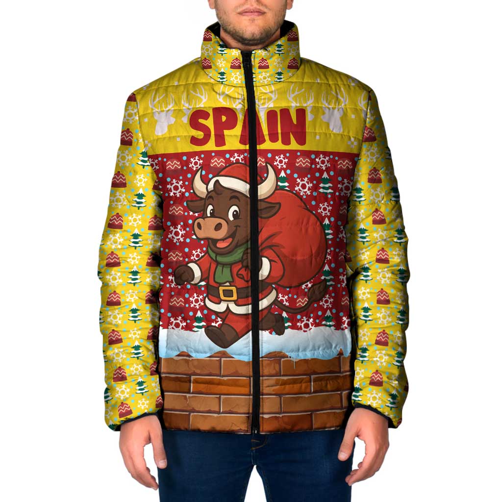Spain Christmas Padded Jacket with Santa Bull Brick Chimney Wreath and Festive Holiday - Wonder Print Shop