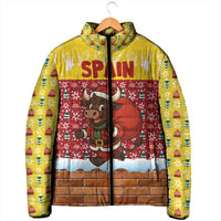 Spain Christmas Padded Jacket with Santa Bull Brick Chimney Wreath and Festive Holiday - Wonder Print Shop