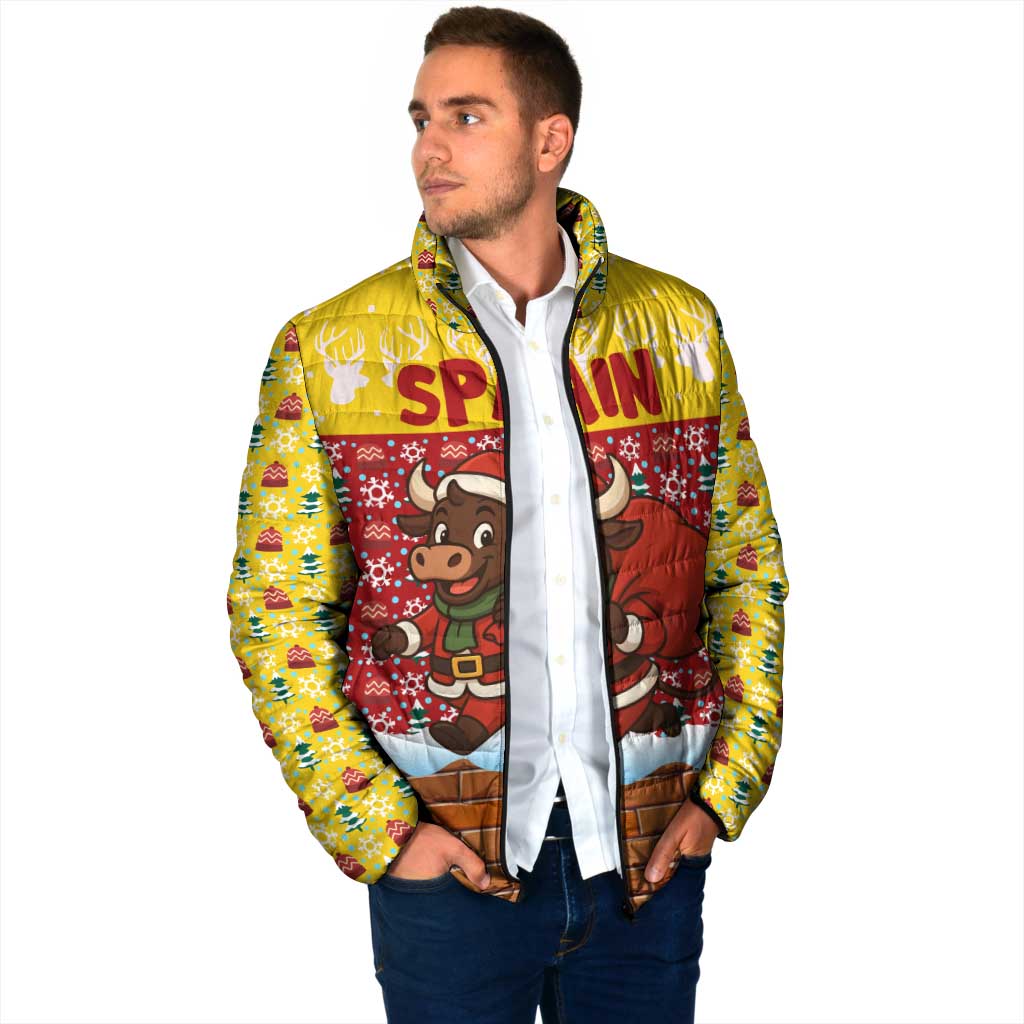 Spain Christmas Padded Jacket with Santa Bull Brick Chimney Wreath and Festive Holiday - Wonder Print Shop