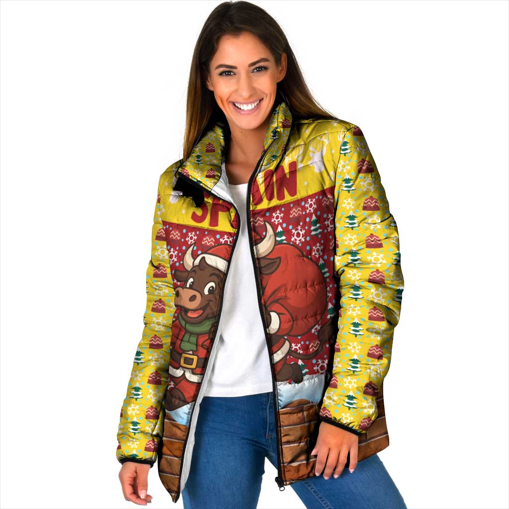 Spain Christmas Padded Jacket with Santa Bull Brick Chimney Wreath and Festive Holiday - Wonder Print Shop