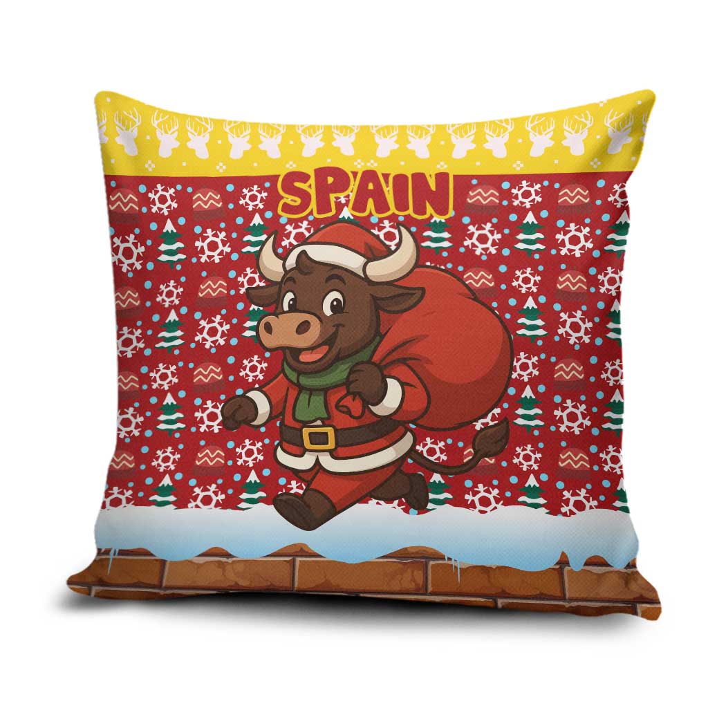 Spain Christmas Pillow Cover with Santa Bull Brick Chimney Wreath and Festive Holiday - Wonder Print Shop