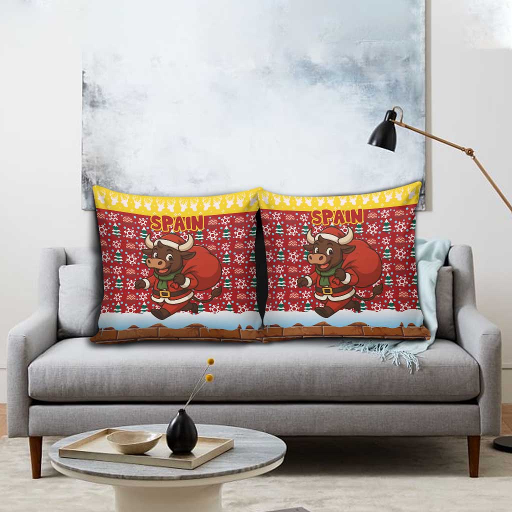 Spain Christmas Pillow Cover with Santa Bull Brick Chimney Wreath and Festive Holiday - Wonder Print Shop