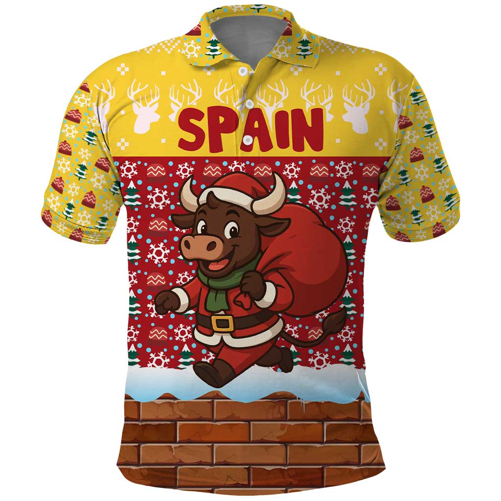 Spain Christmas Polo Shirt with Santa Bull Brick Chimney Wreath and Festive Holiday - Wonder Print Shop