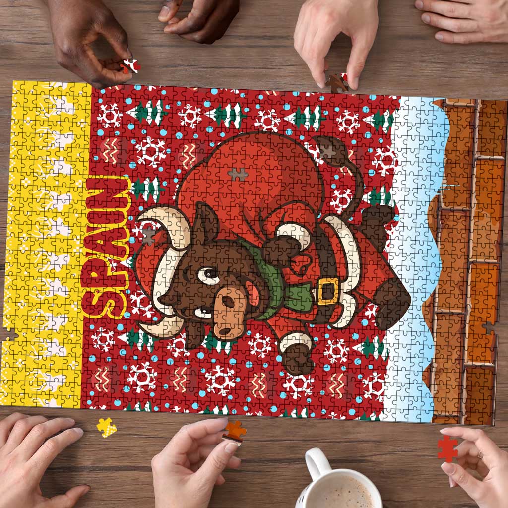 Spain Christmas Puzzle with Santa Bull Brick Chimney Wreath and Festive Holiday - Wonder Print Shop
