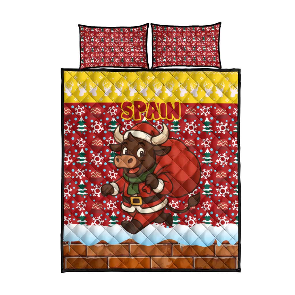 Spain Christmas Quilt Bed Set with Santa Bull Brick Chimney Wreath and Festive Holiday - Wonder Print Shop