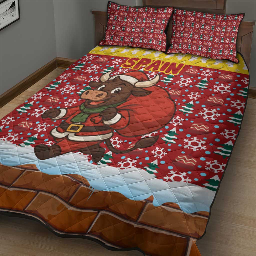 Spain Christmas Quilt Bed Set with Santa Bull Brick Chimney Wreath and Festive Holiday - Wonder Print Shop