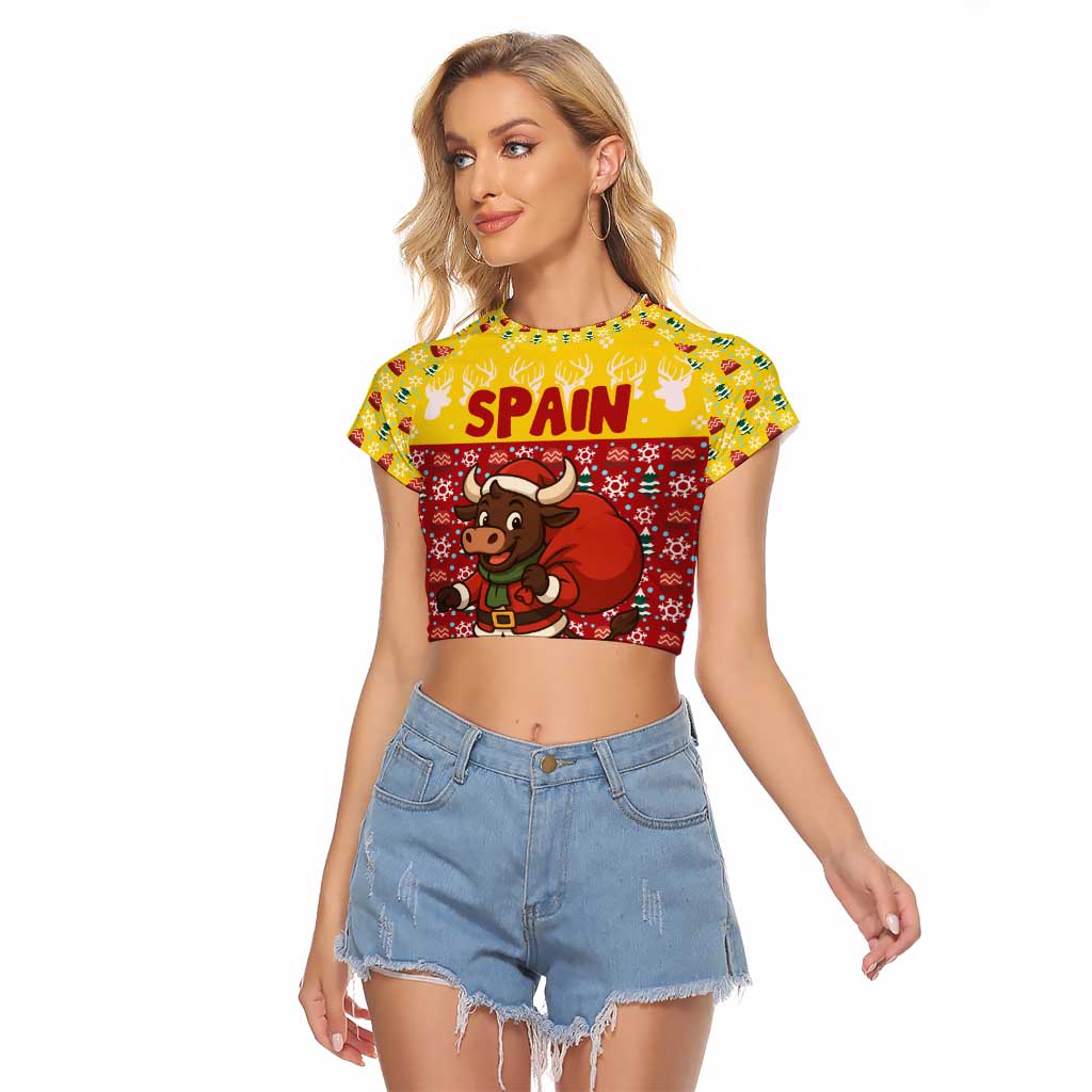 Spain Christmas Raglan Cropped T Shirt with Santa Bull Brick Chimney Wreath and Festive Holiday - Wonder Print Shop