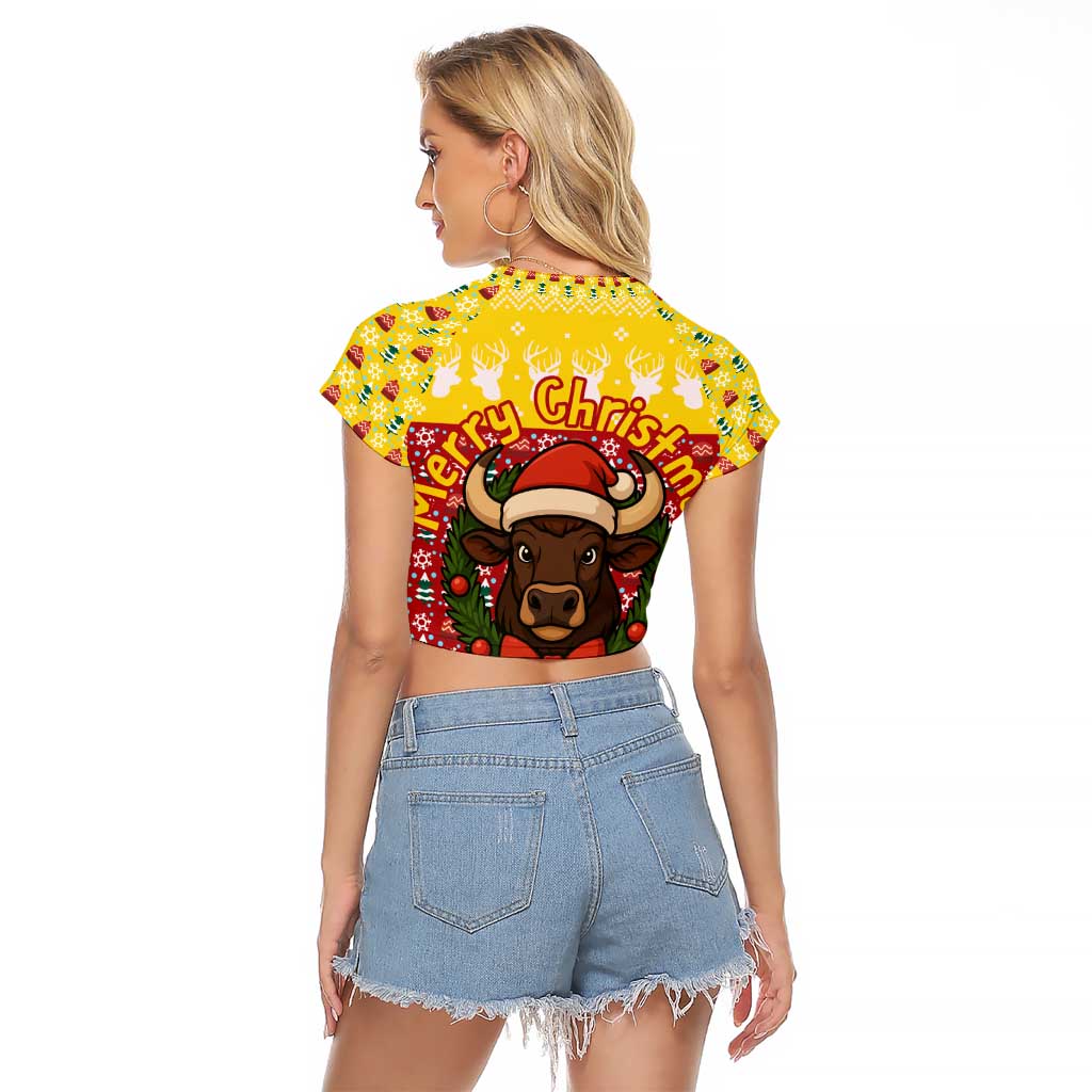 Spain Christmas Raglan Cropped T Shirt with Santa Bull Brick Chimney Wreath and Festive Holiday - Wonder Print Shop