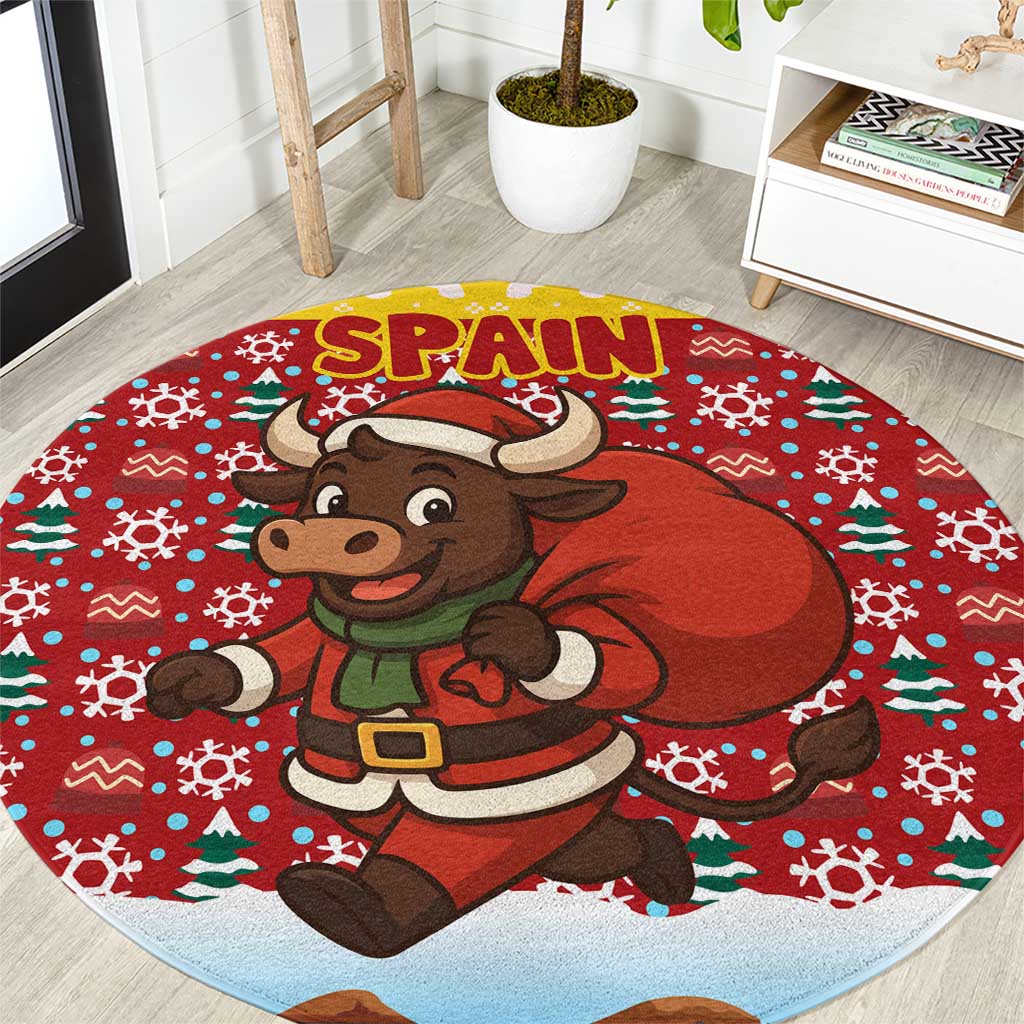 Spain Christmas Round Carpet with Santa Bull Brick Chimney Wreath and Festive Holiday - Wonder Print Shop