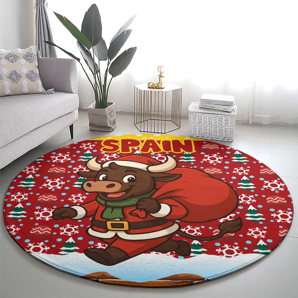 Spain Christmas Round Carpet with Santa Bull Brick Chimney Wreath and Festive Holiday - Wonder Print Shop