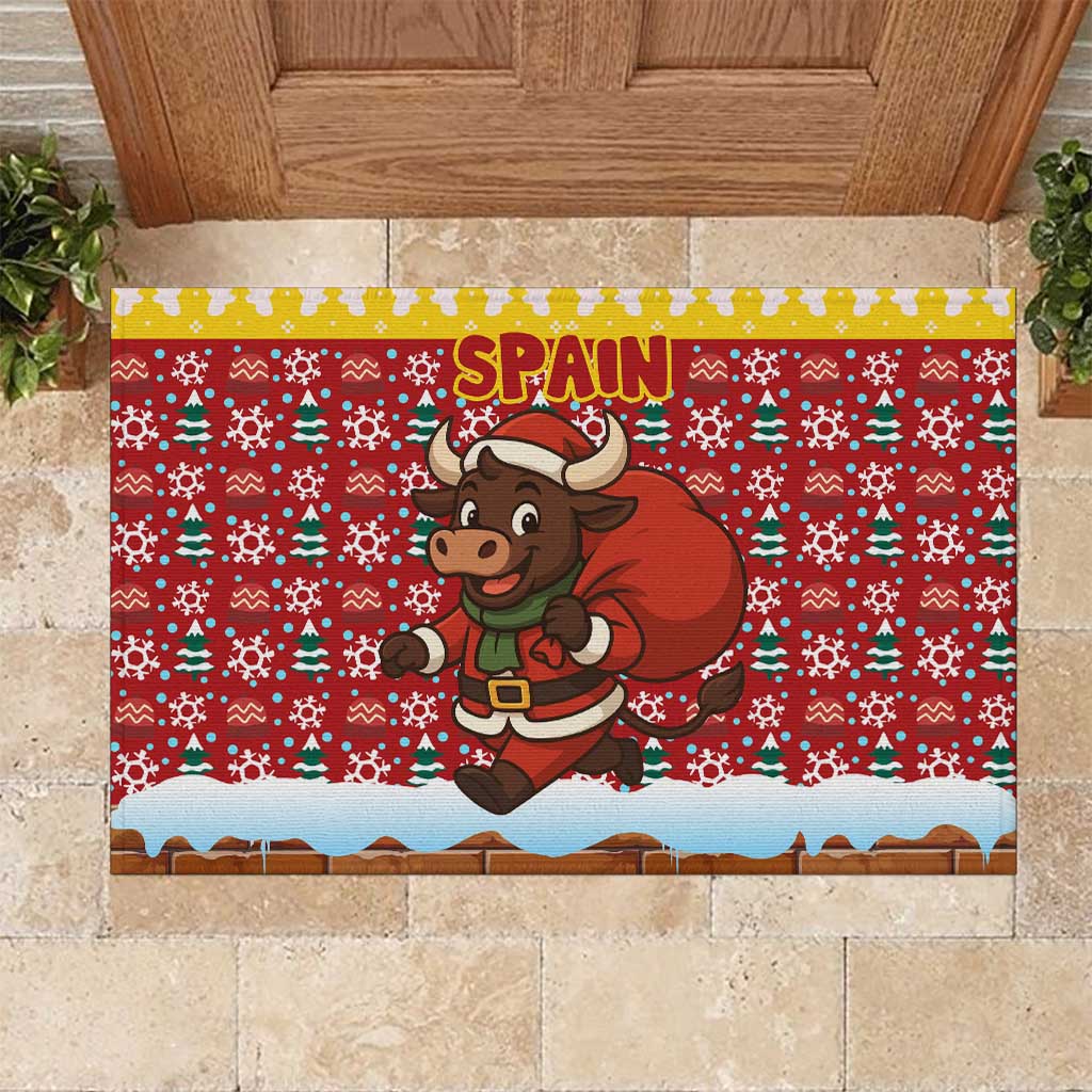 Spain Christmas Rubber Doormat with Santa Bull Brick Chimney Wreath and Festive Holiday - Wonder Print Shop