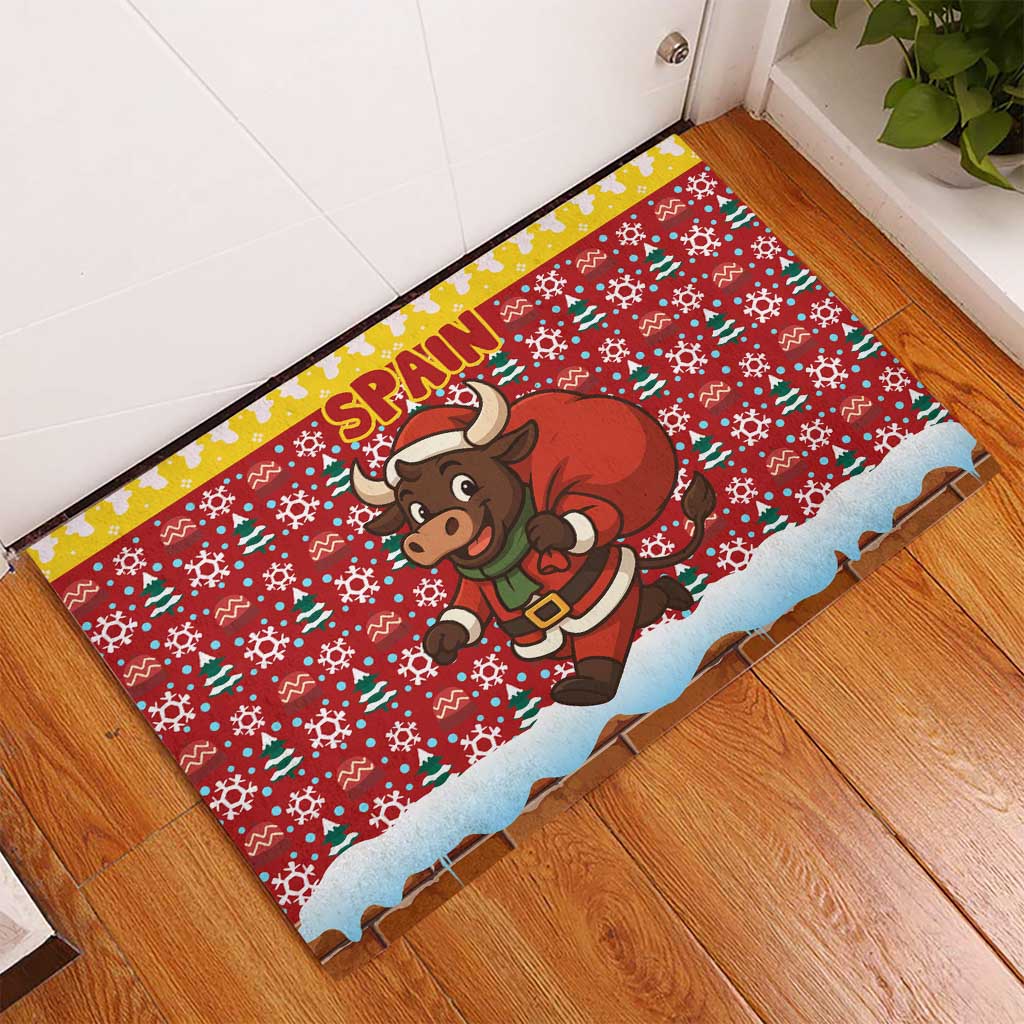Spain Christmas Rubber Doormat with Santa Bull Brick Chimney Wreath and Festive Holiday - Wonder Print Shop