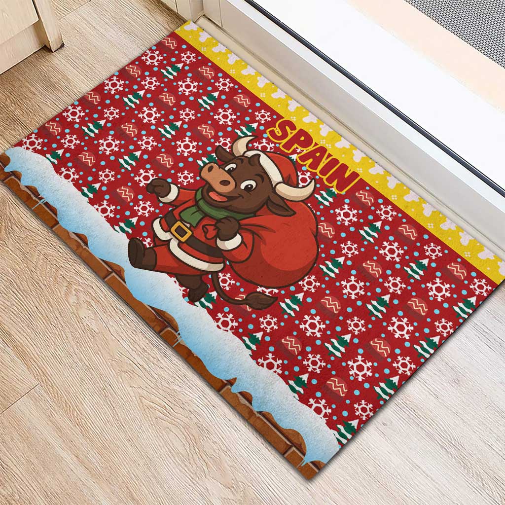 Spain Christmas Rubber Doormat with Santa Bull Brick Chimney Wreath and Festive Holiday - Wonder Print Shop