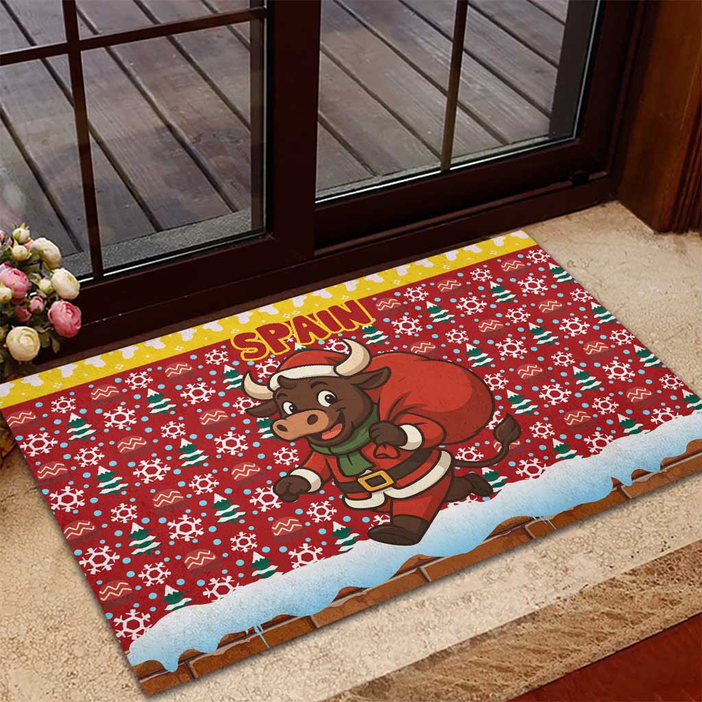 Spain Christmas Rubber Doormat with Santa Bull Brick Chimney Wreath and Festive Holiday - Wonder Print Shop