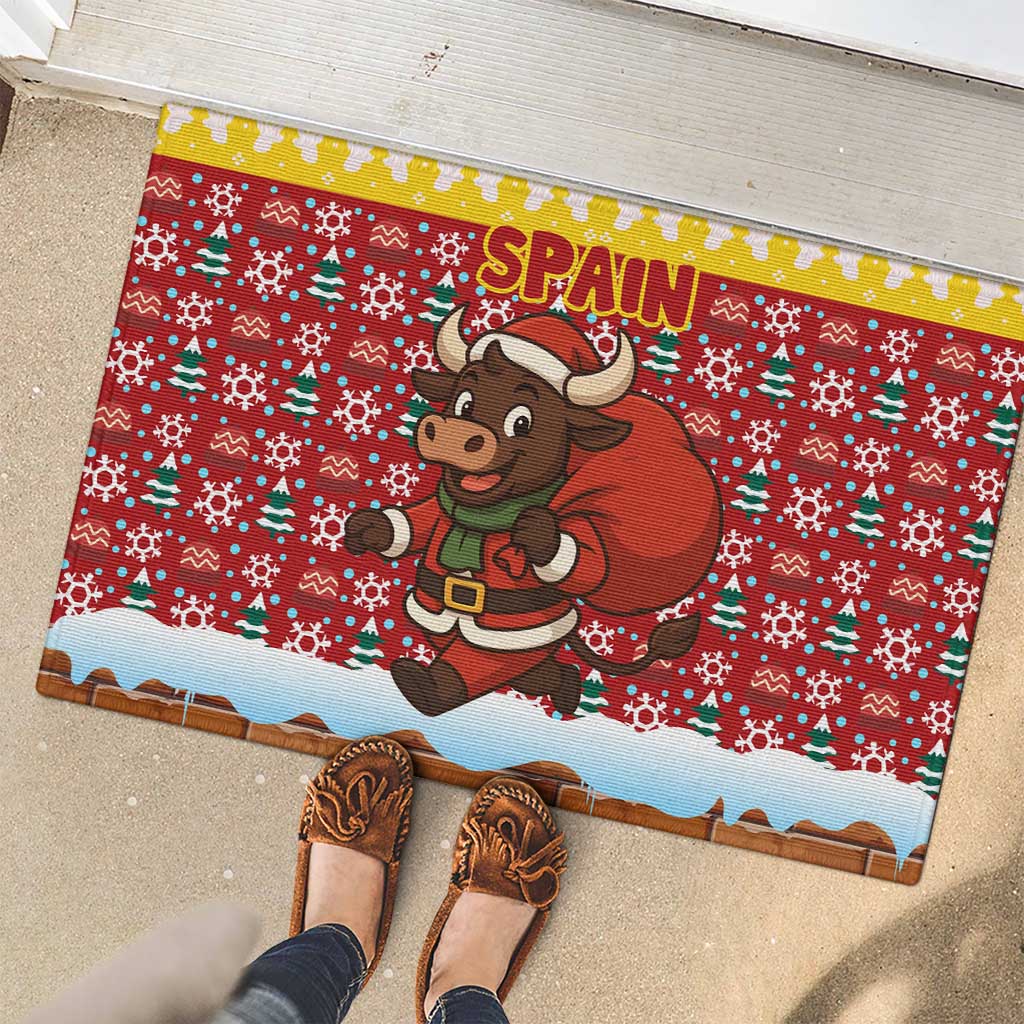 Spain Christmas Rubber Doormat with Santa Bull Brick Chimney Wreath and Festive Holiday - Wonder Print Shop