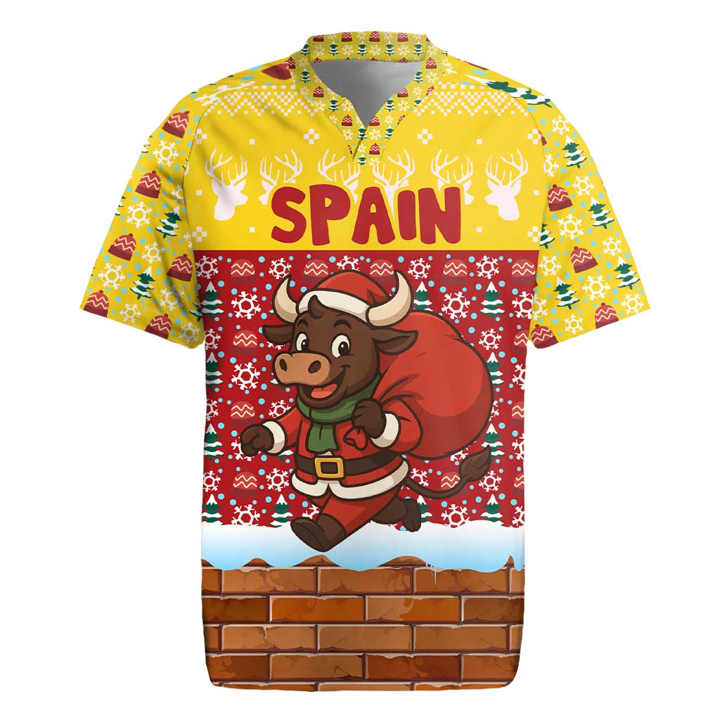 Spain Christmas Rugby Jersey with Santa Bull Brick Chimney Wreath and Festive Holiday - Wonder Print Shop