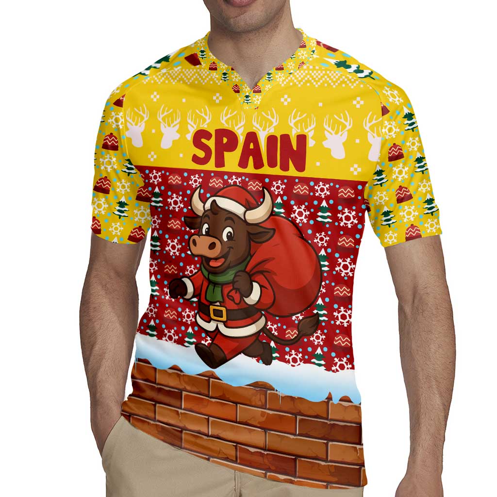 Spain Christmas Rugby Jersey with Santa Bull Brick Chimney Wreath and Festive Holiday - Wonder Print Shop